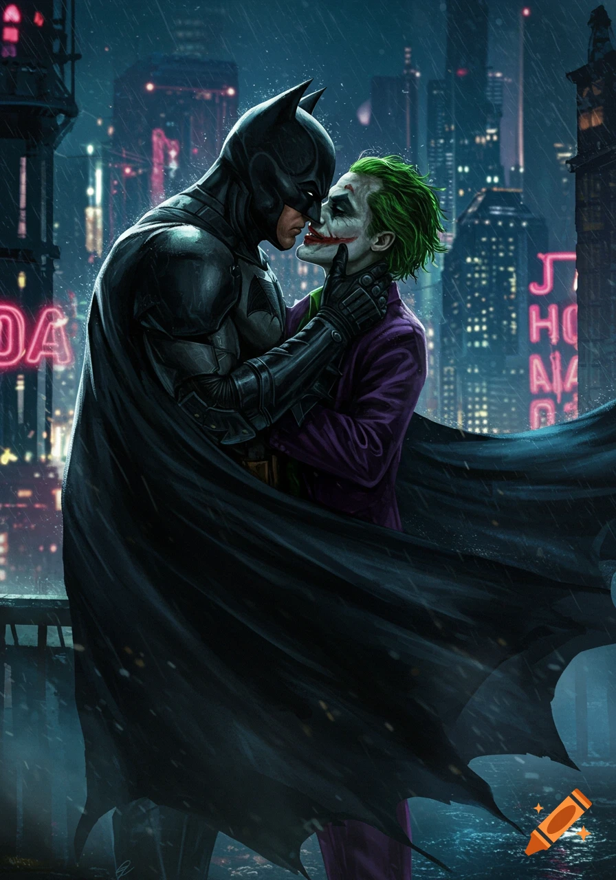 Batman and Joker in a rainy Gotham City at night, leaning in for a kiss, bathed in neon lights. The Joker holds Batman's chin.