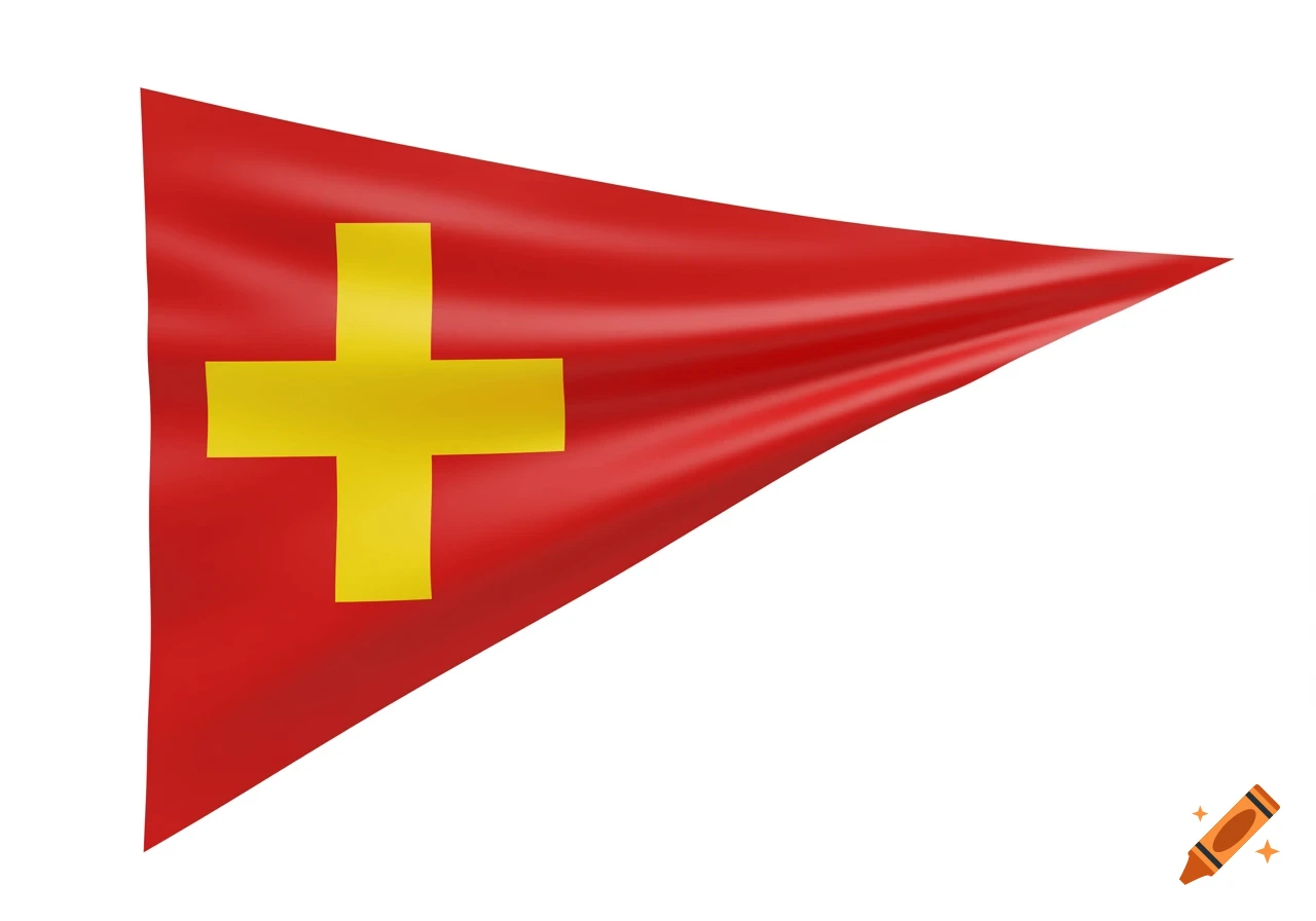 A red triangular flag with a yellow cross on a white background.