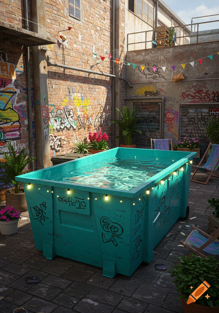 A photorealistic image of a teal skip bin filled with water and lights, repurposed as a pool, in a graffiti-covered brick alleyway with lounge chairs.
