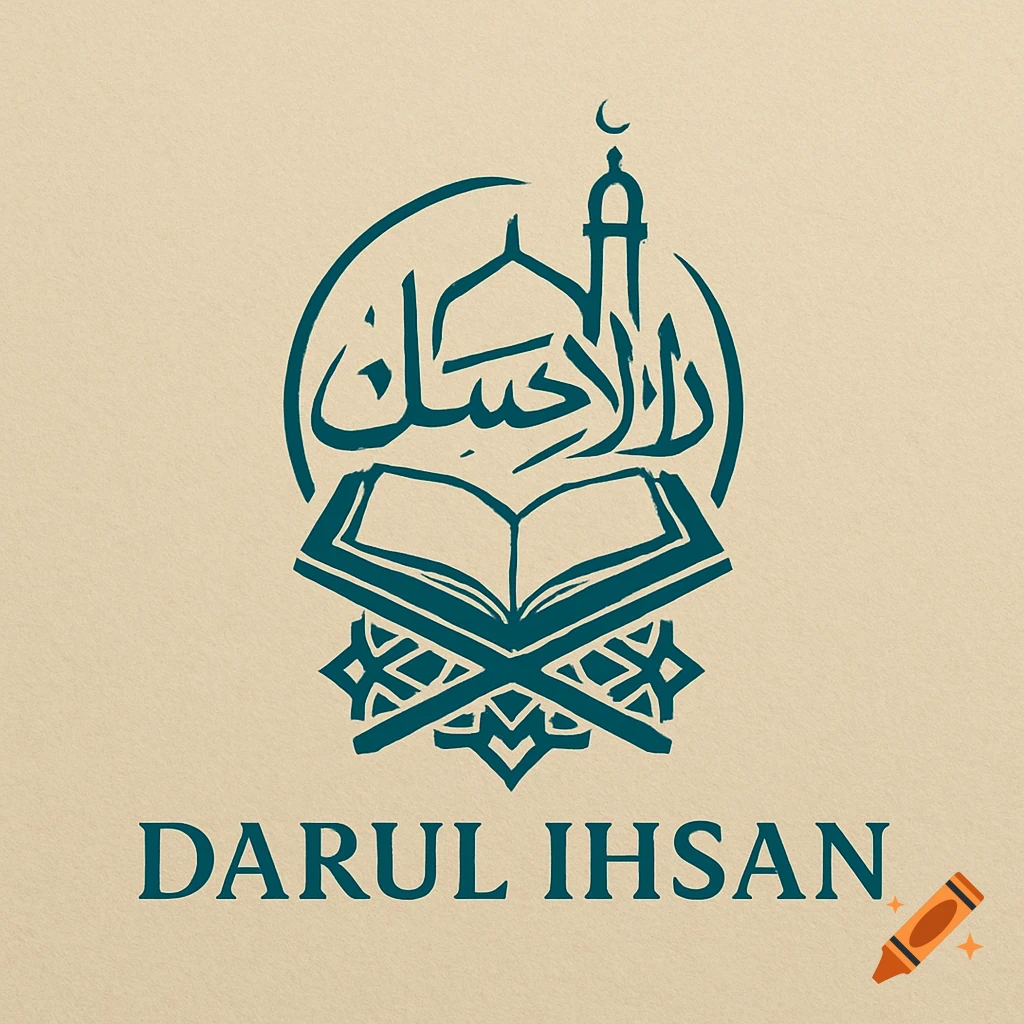 A teal and beige logo for Darul Ihsan, featuring an open Quran, a mosque silhouette with a crescent moon, and Arabic calligraphy.
