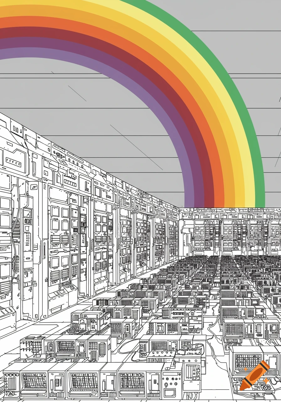 Simplistic black and white illustration of a large data center with a colorful rainbow arching above.