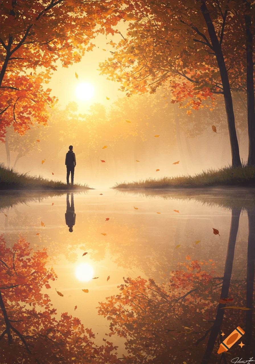 A person stands by a reflective lake in an autumnal forest at sunset, with golden leaves falling and the sun glowing brightly.