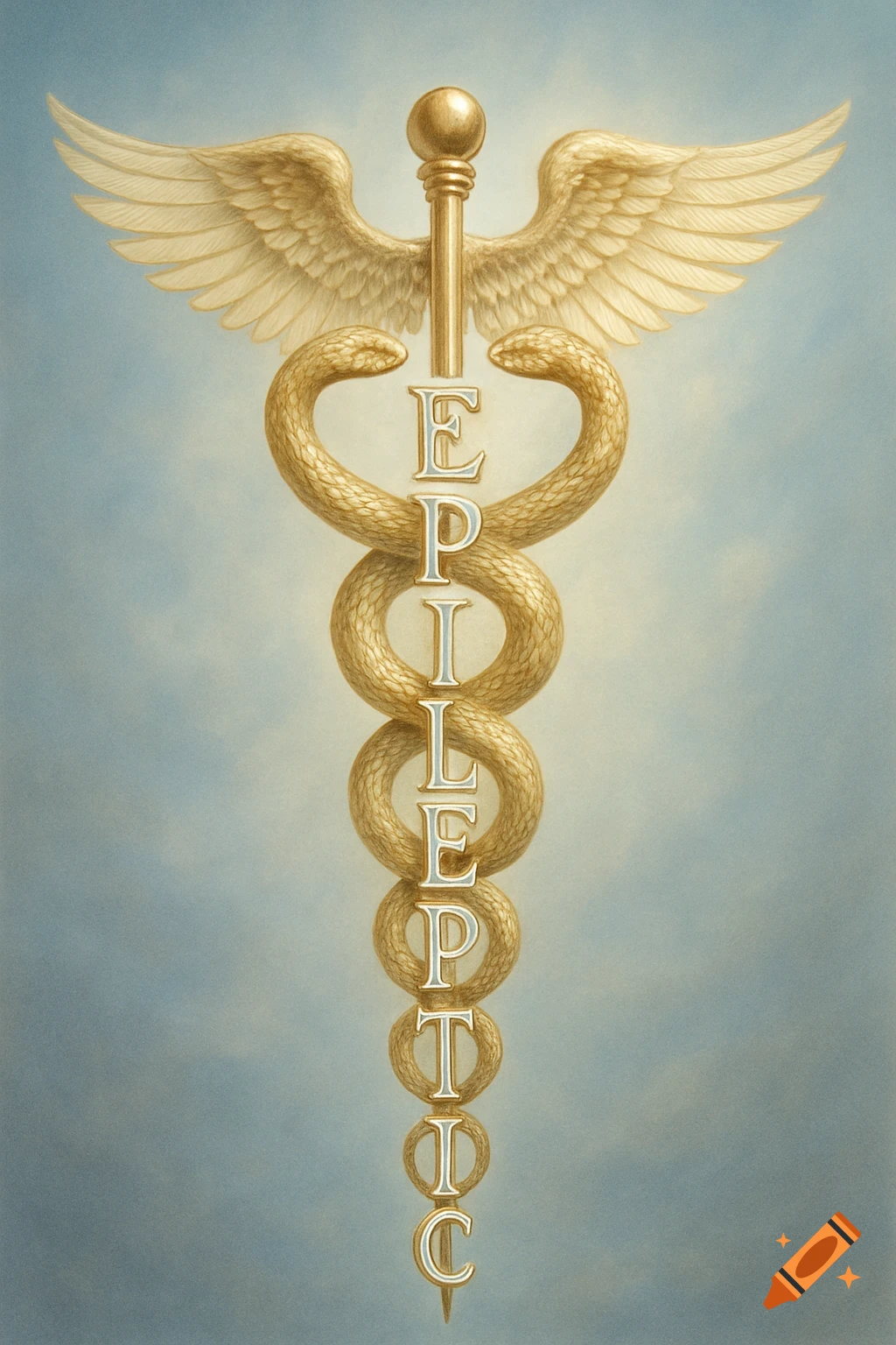 Golden caduceus symbol with wings and two snakes, featuring the word 'EPILEPTIC' written vertically down the staff.
