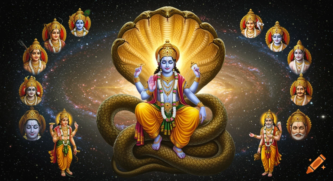 Lord Vishnu in blue skin sitting on a coiled golden serpent, Shesha, in a vibrant galaxy, surrounded by circular portraits of his avatars.