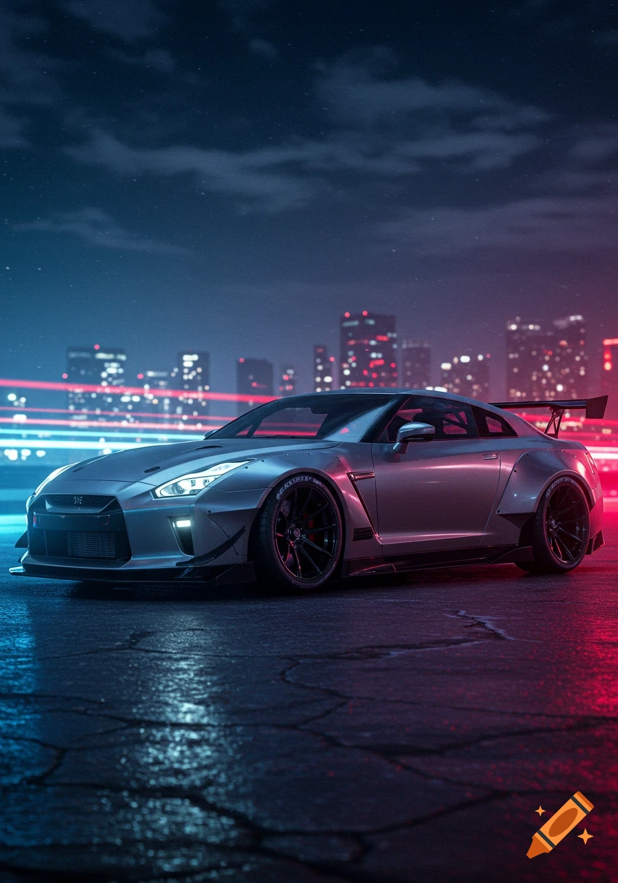 A customized silver Nissan GTR with widebody kit and large spoiler parked on a wet street at night, with a neon-lit city skyline in the background, featuring blue and red light trails.