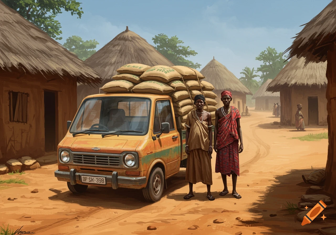 A vibrant painting shows two people standing next to a truck loaded with sacks in a dusty African village with thatched-roof houses.