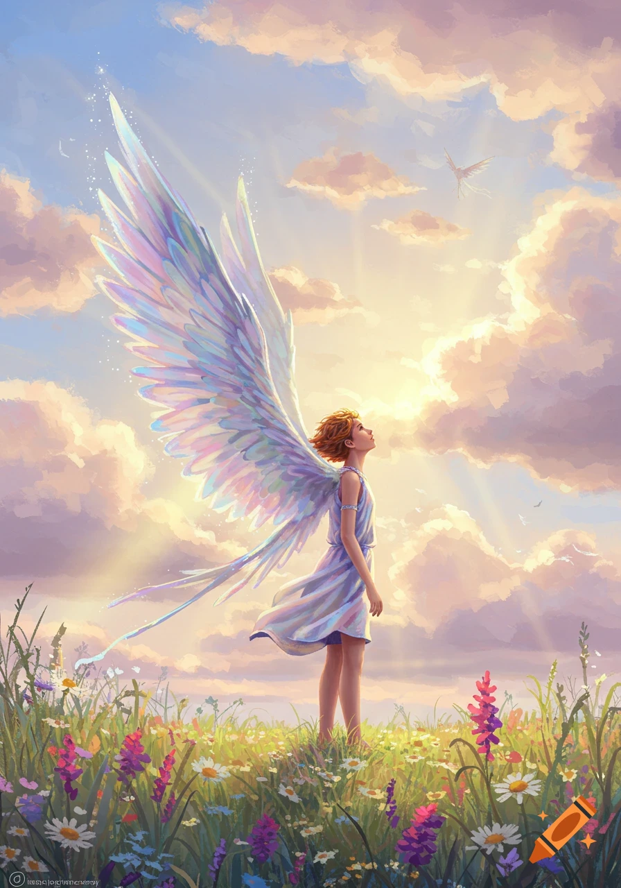 An ethereal person with iridescent wings stands in a field of wildflowers, looking up at a bright, cloudy sky with sun rays.