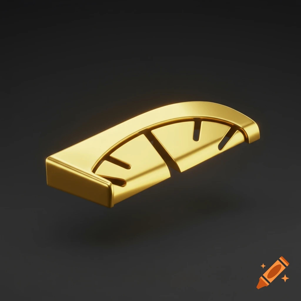 A golden, curved wedge object with cut-outs, resembling a segment from an analog clock face, against a dark background.