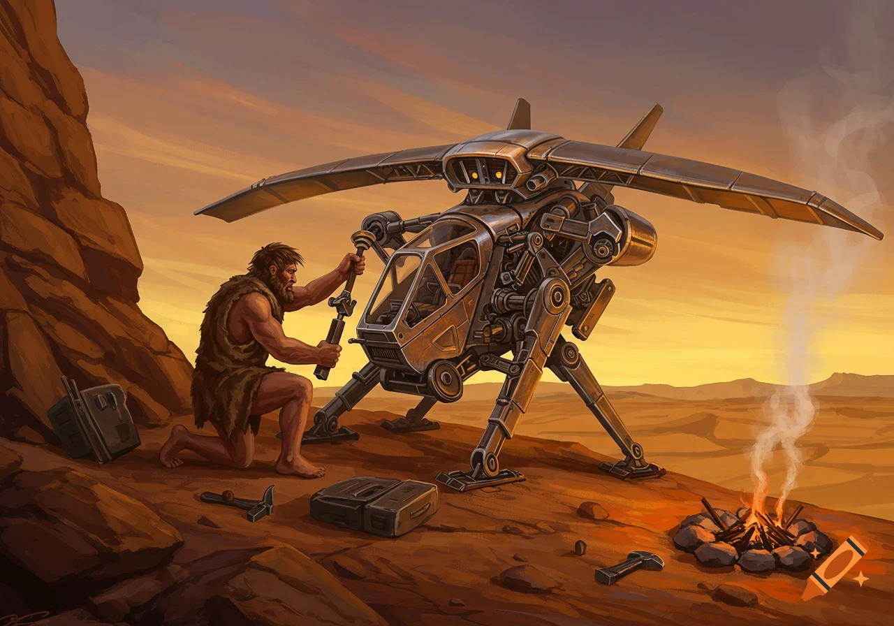 A caveman kneels in a desert landscape, working on a large, mechanical ornithopter next to a small campfire.