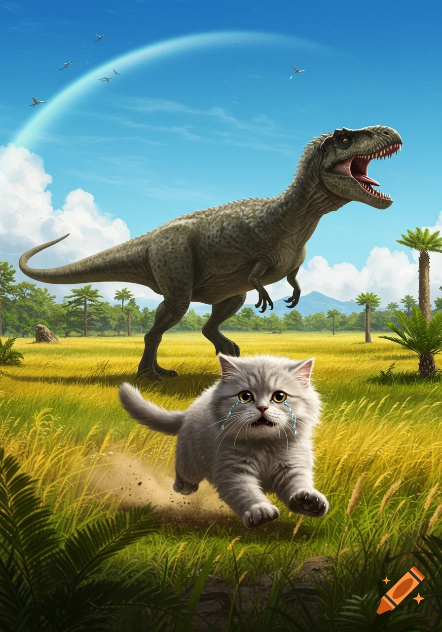 A fluffy gray cat crying and running through tall grass away from a roaring T-Rex under a rainbow sky.