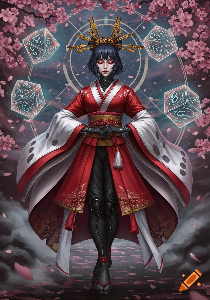 A dark-haired woman in a red and white kimono with gold accents and black armored legs stands surrounded by cherry blossoms and four glowing dice.