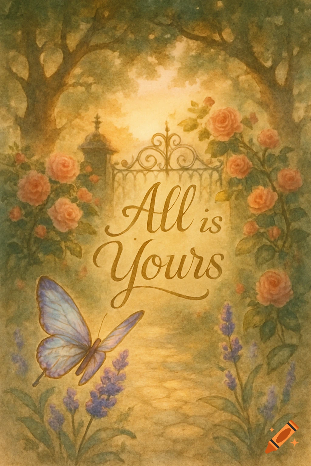 Watercolor painting of a butterfly in a lush garden with roses, lavender, and a gate, with the text 'All is Yours'.