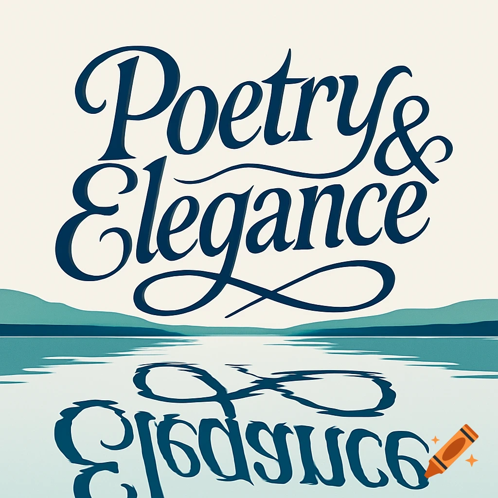 Stylized text 'Poetry & Elegance' reflected in a lake with distant mountains.