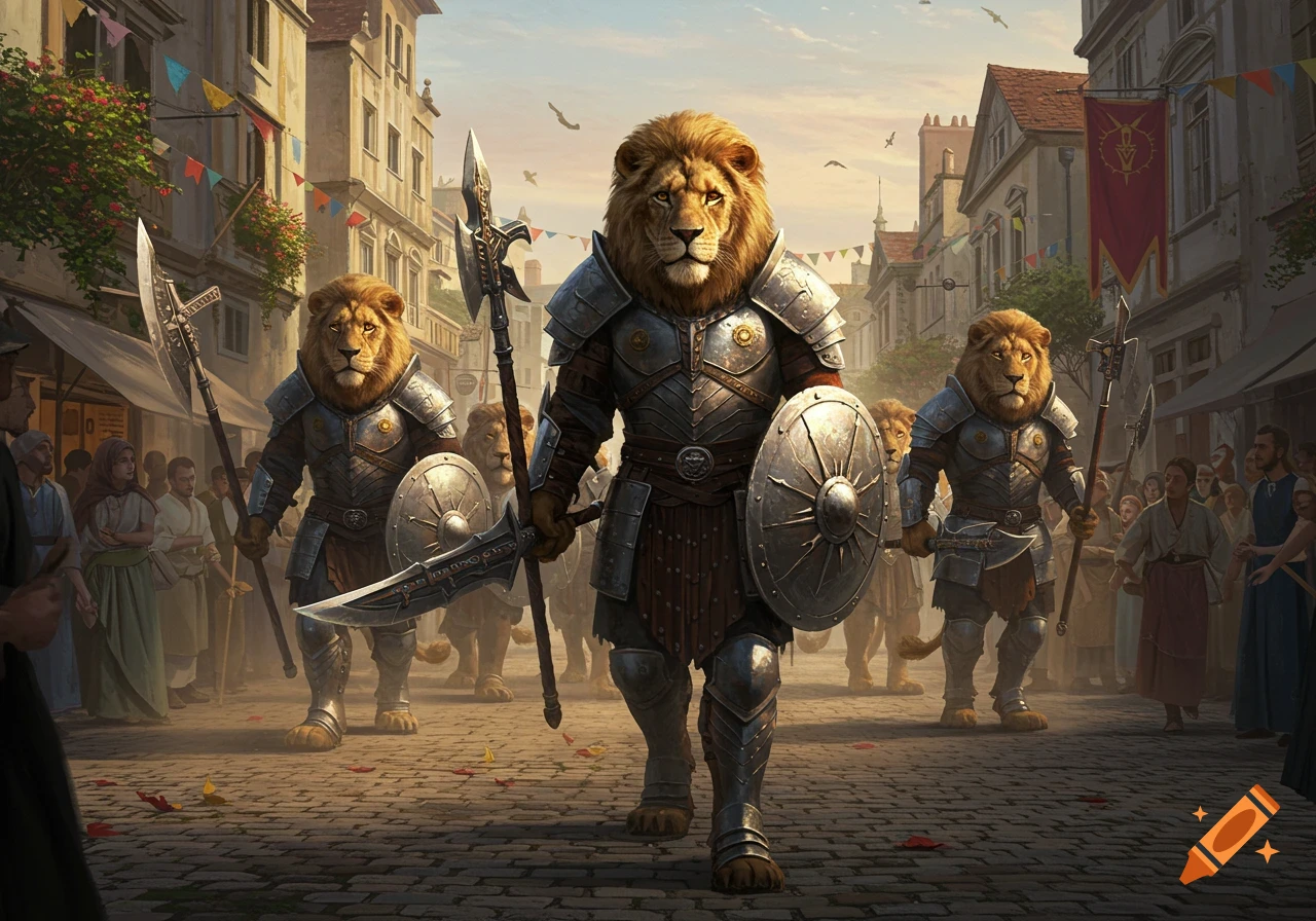 Armored anthropomorphic lions march through a medieval town street at sunset, holding spears and shields. Photorealistic.