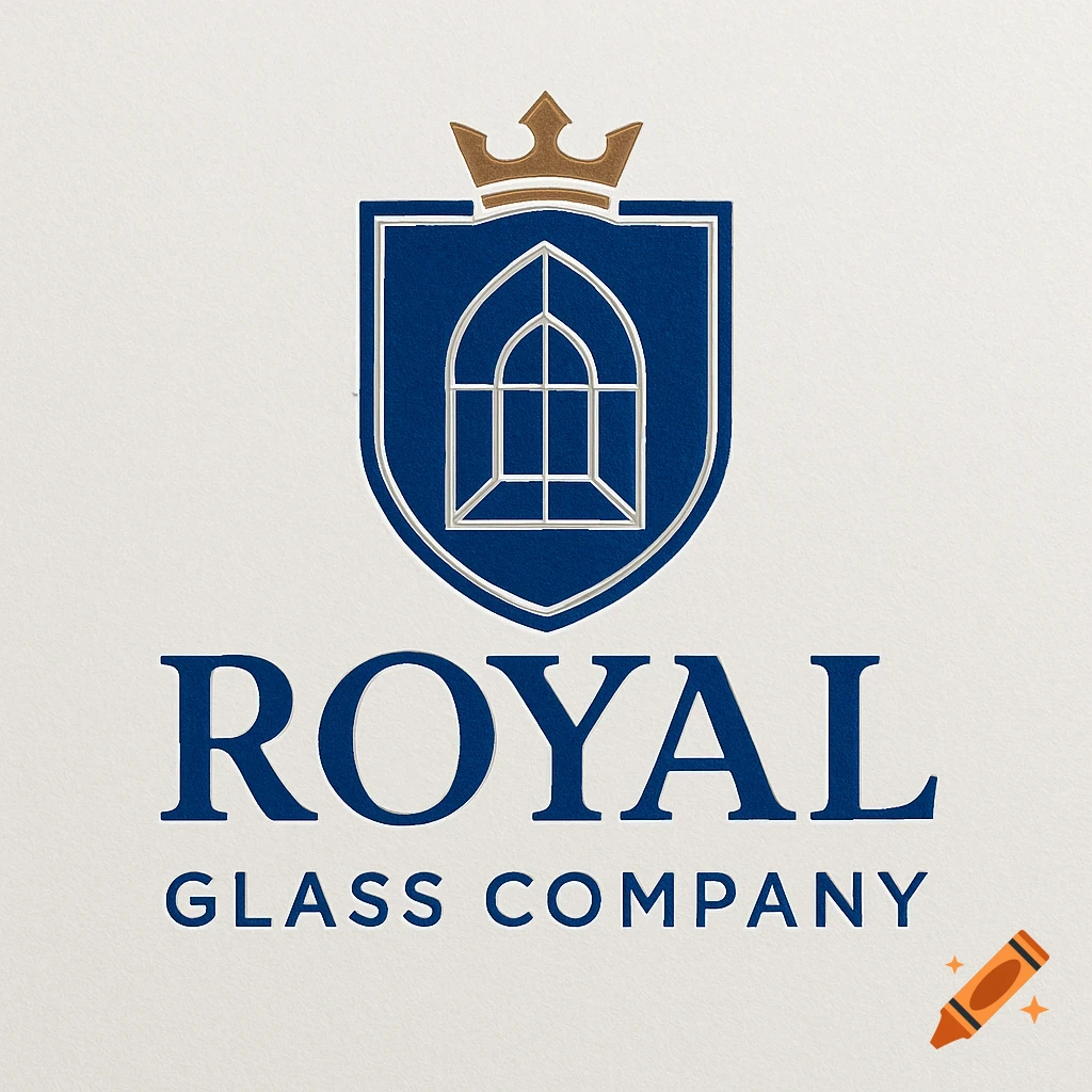 Logo for Royal Glass Company featuring a gold crown atop a blue shield with a white stylized window, text 'ROYAL GLASS COMPANY' below.