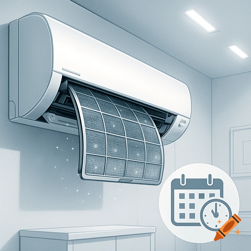 Stylized illustration of a white air conditioner on a wall with its dirty filter partially pulled out, next to a calendar and clock icon.