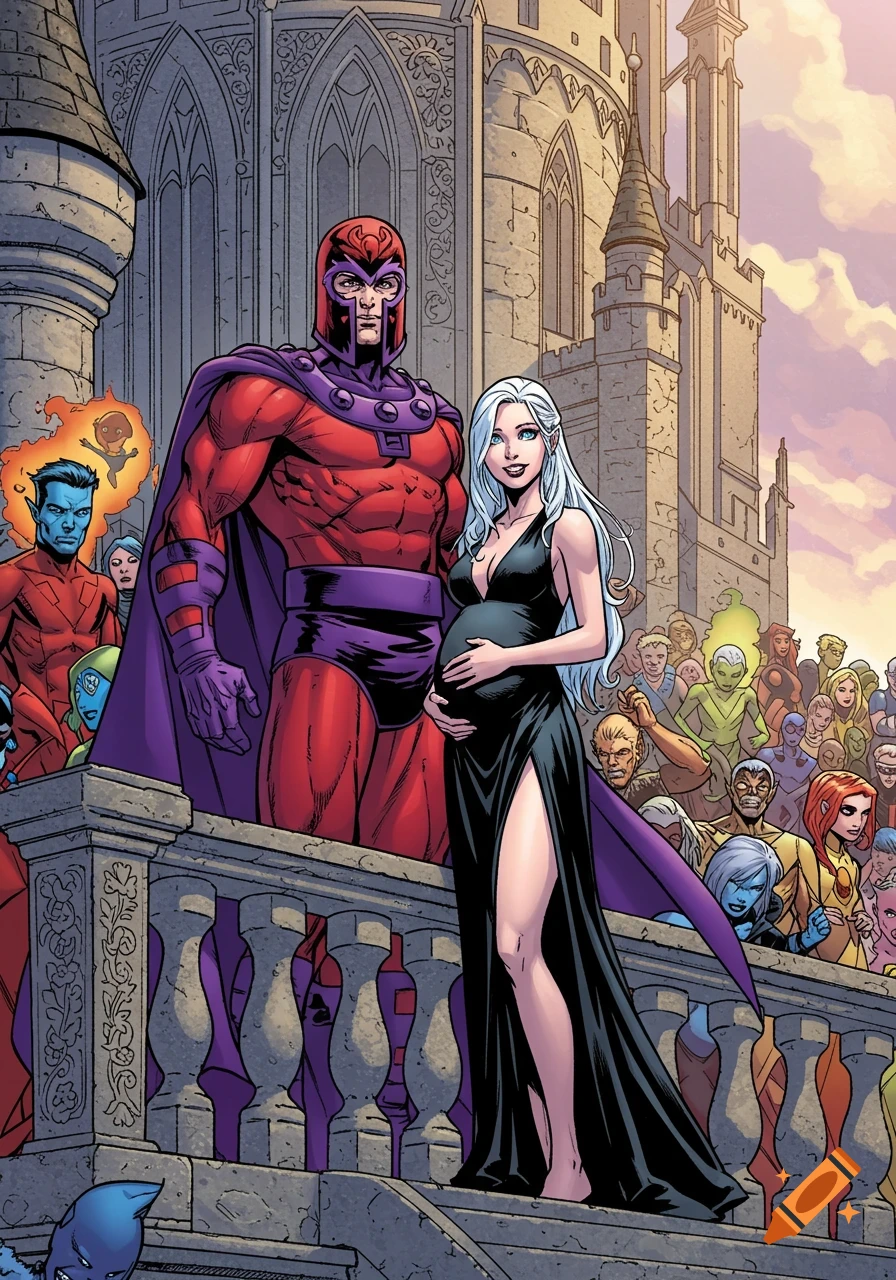 In a comic book style, Magneto stands beside a pregnant woman with white hair on a castle balcony, waving at a crowd of mutants.