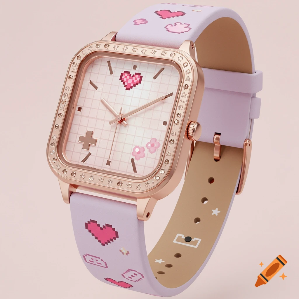A close-up of a stylish square-faced watch with a rose gold case and a light pink pixelated grid on its face. The watch features a pixel heart at 12 o'clock and a pixel cross at 9 o'clock. The lavender strap is adorned with various pixel art symbols, including hearts and stars.