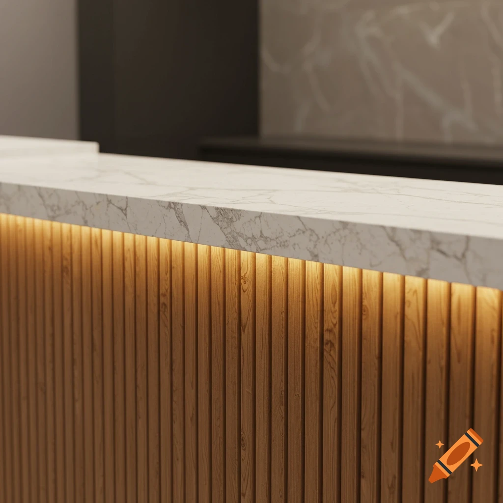 A close-up of a modern counter with a white marble top and illuminated wooden flute paneling.