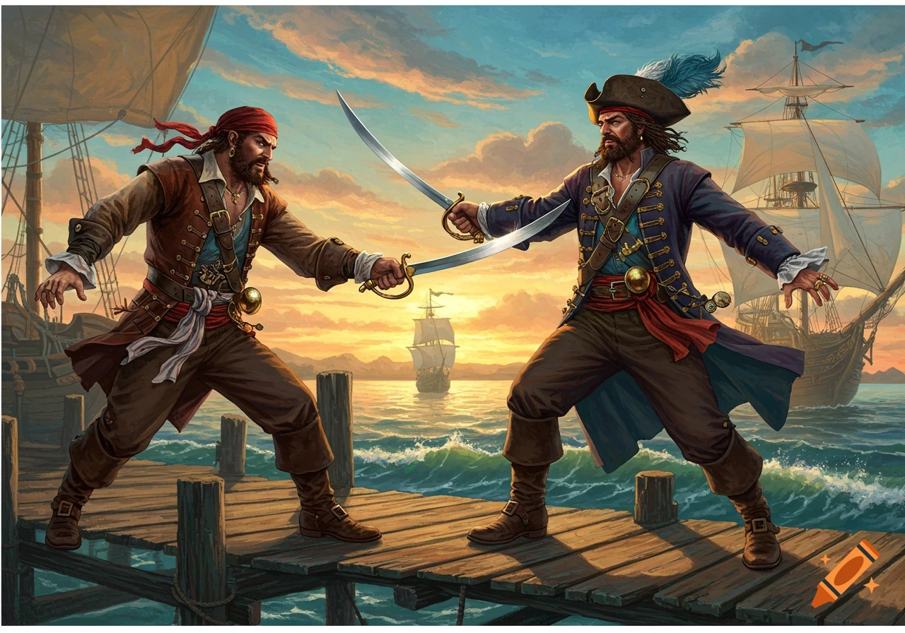 Two pirates duel with swords on a wooden dock at sunset, with ships in the background, in an illustrative Maxfield Parrish style.