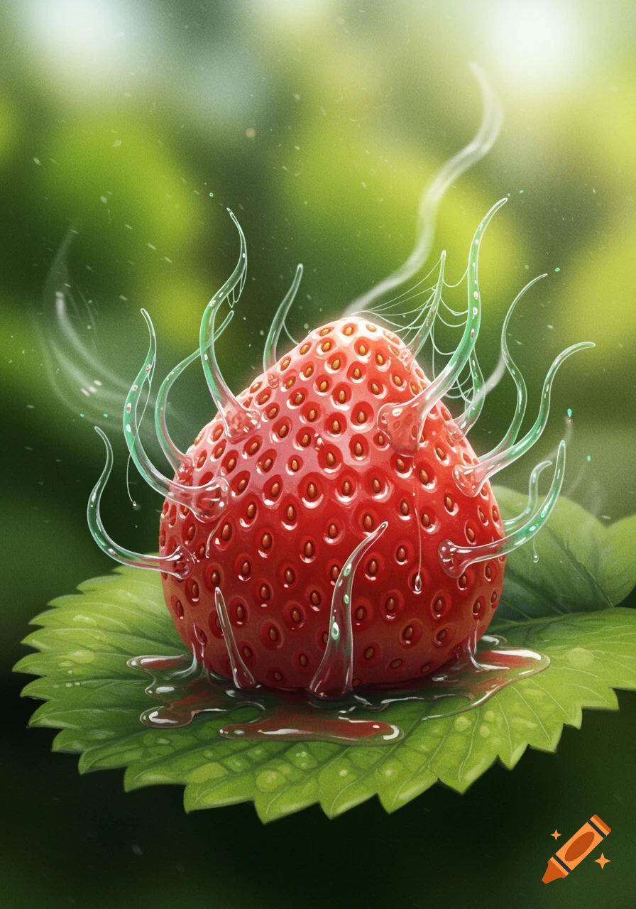 A surreal strawberry with translucent green tentacles and red liquid, resting on a green leaf.