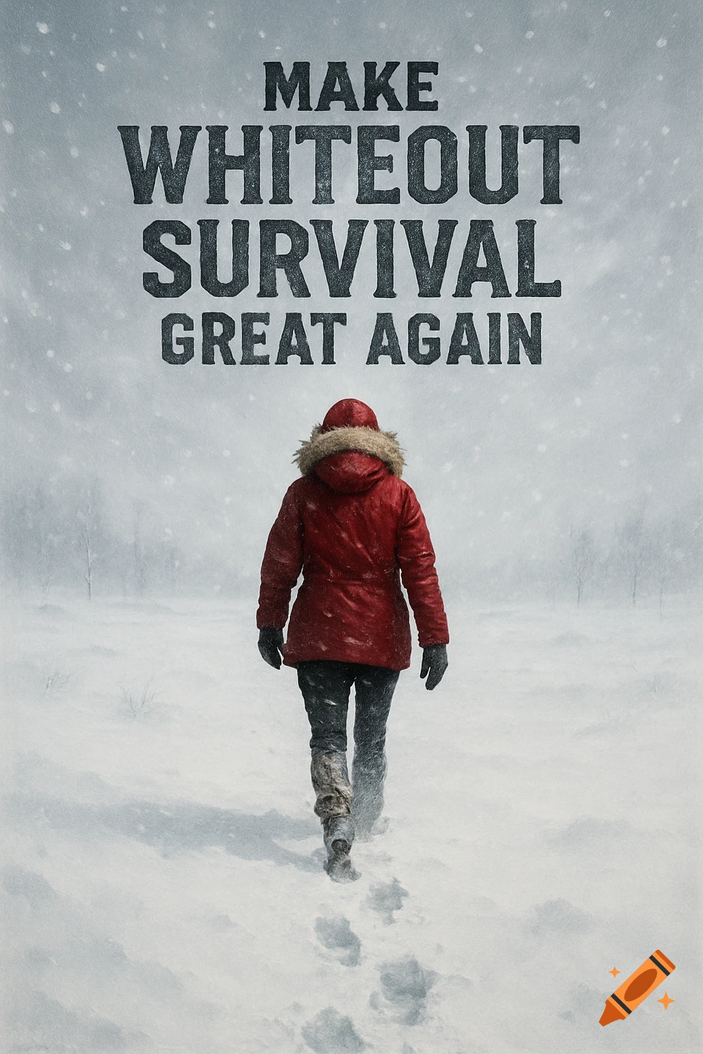 A person in a red winter coat walks through a snowy landscape, leaving footprints behind. Text at the top reads 'MAKE WHITEOUT SURVIVAL GREAT AGAIN'.