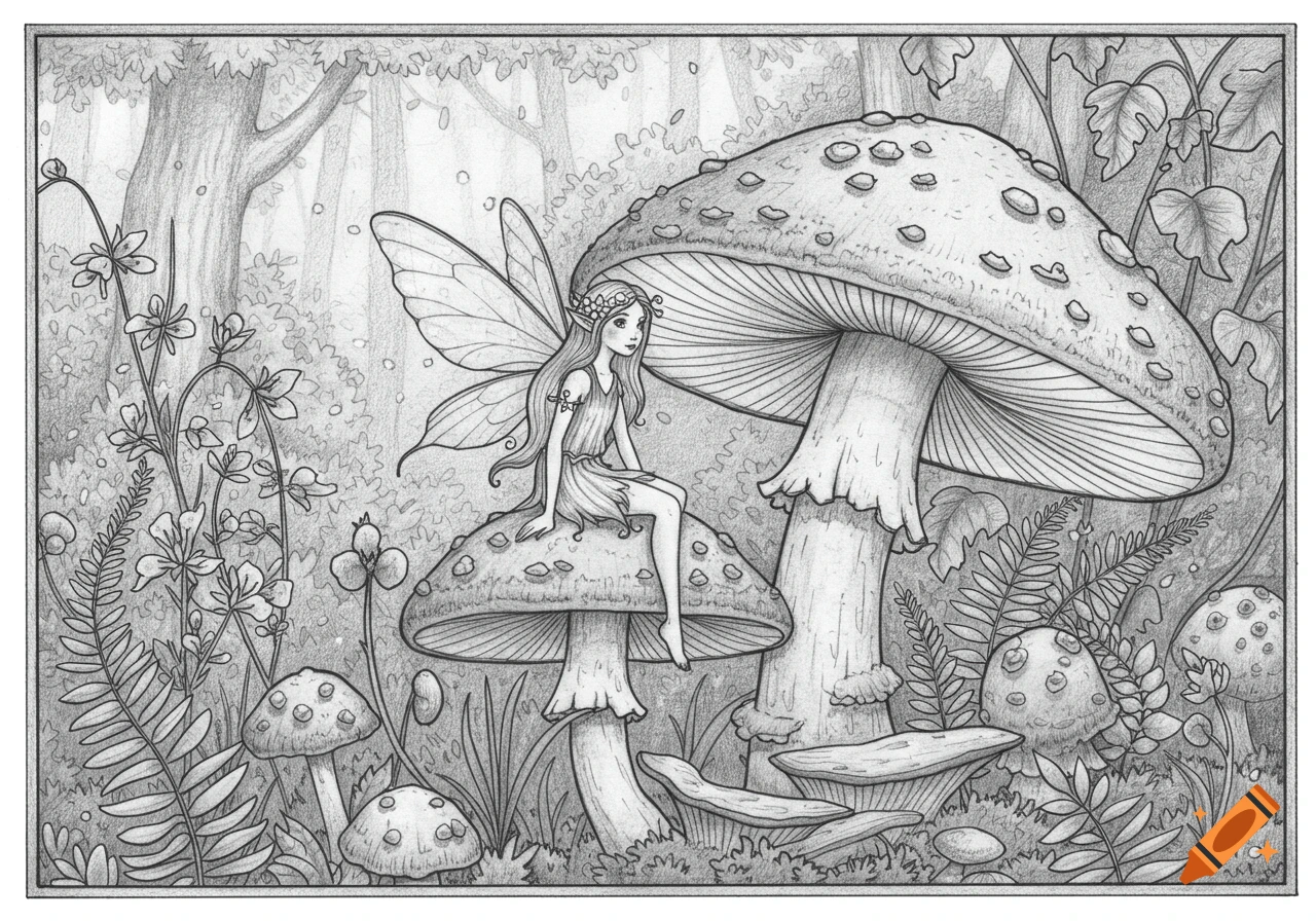 A cute fairy sits on a large mushroom in a whimsical forest, drawn in black and white pencil sketch style, suitable for a coloring page.