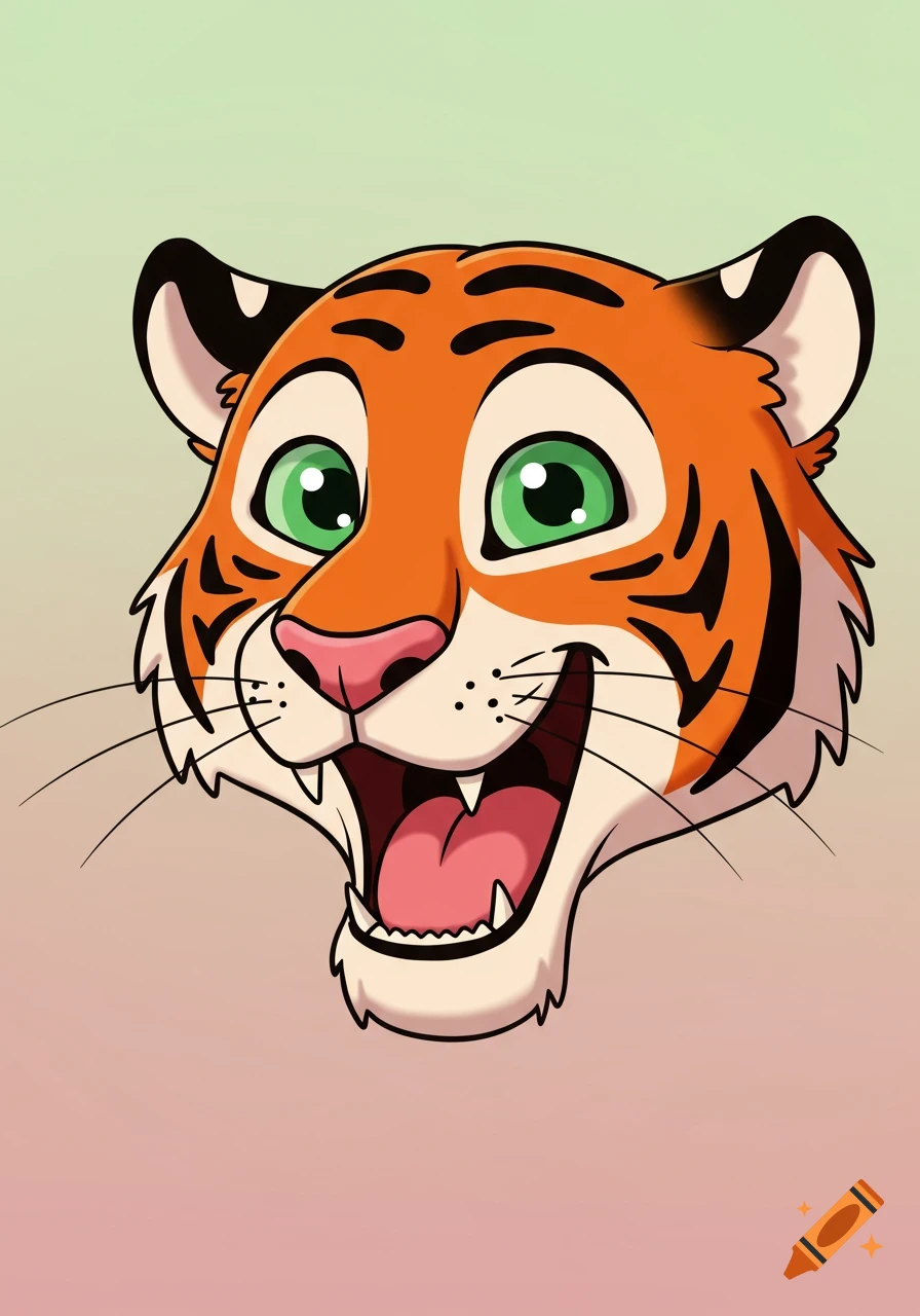 Cartoon tiger head with big green eyes and an open mouth, sticking its tongue out.