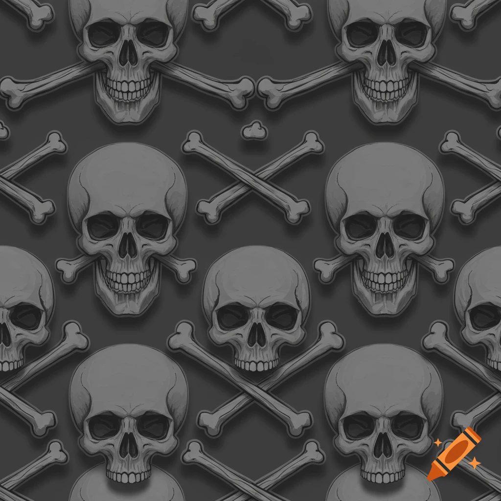 A seamless grayscale pattern of stylized human skulls and crossed bones, illustrated in a clean, engraving-like style.