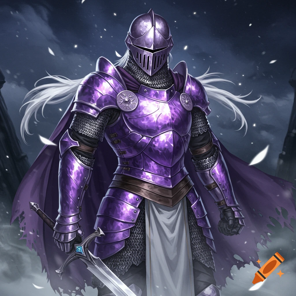 A purple armored knight with long white hair stands holding a sword in a dark, stormy landscape.