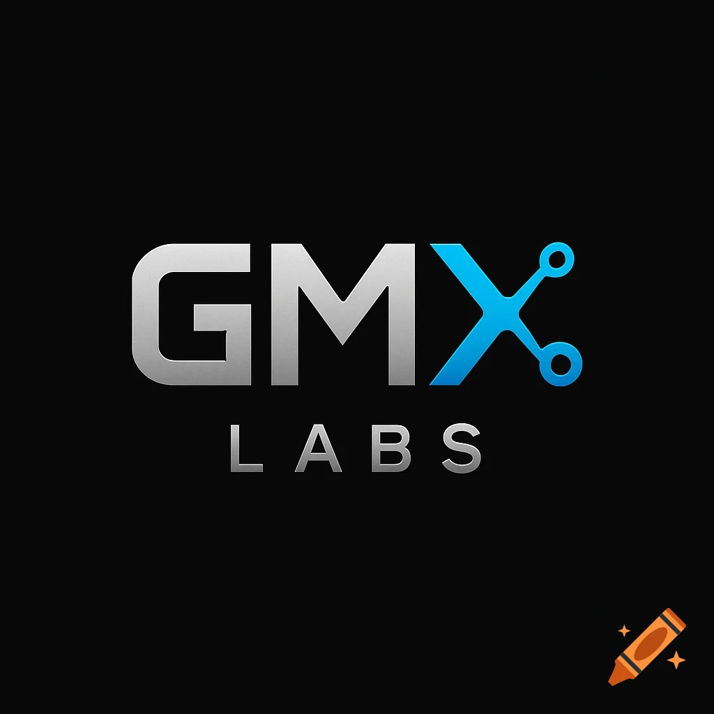 A modern logo for GMX LABS featuring silver metallic text and a blue, stylized X symbol on a black background.