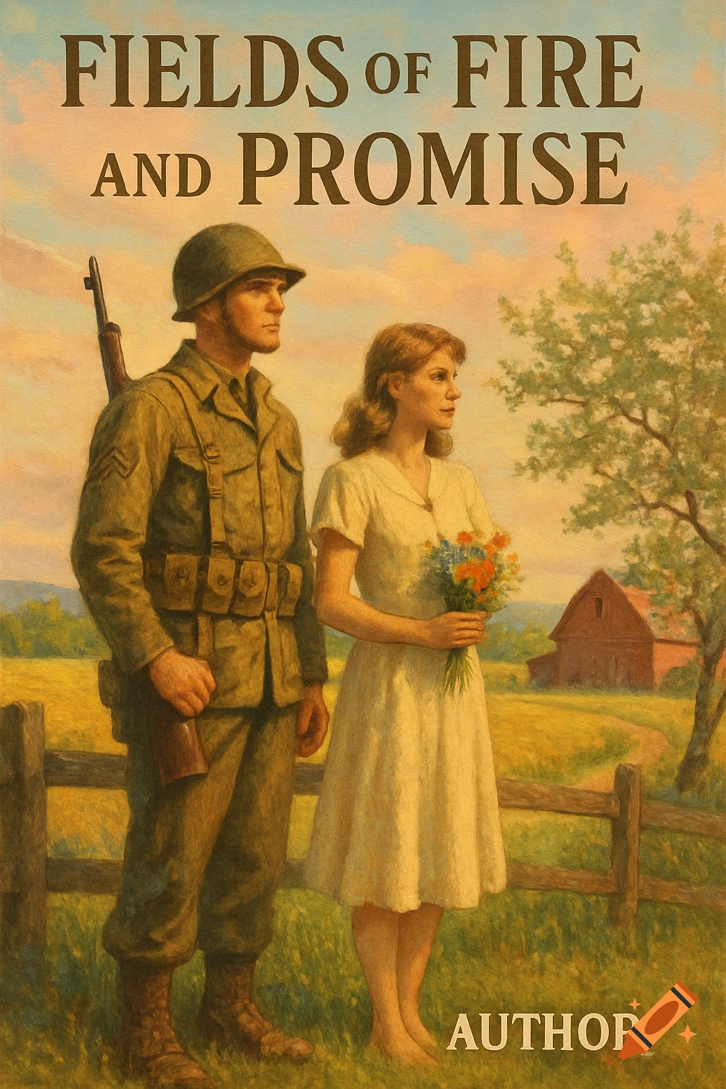 Vintage illustration of a WWII American soldier and a woman in a dress holding wildflowers in a field with a barn. Book title: Fields of Fire and Promise.