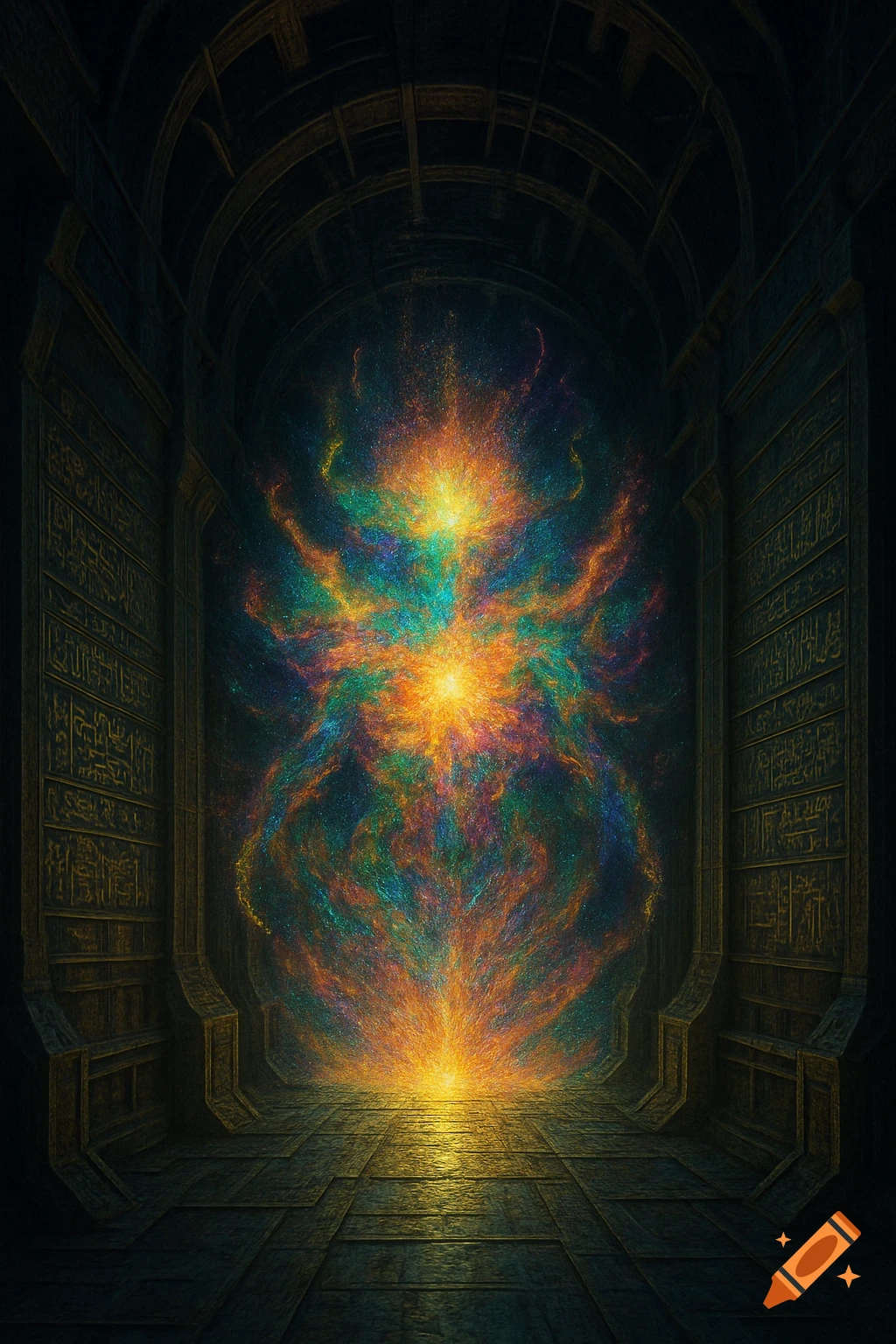 A vibrant, multi-colored energy form illuminates a dark, ancient stone corridor with etched walls.