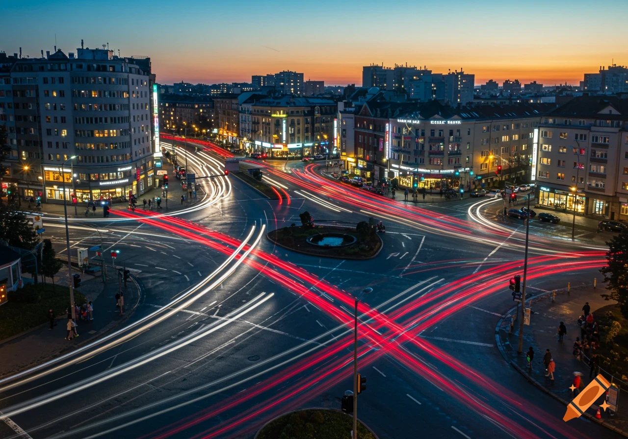 Photorealistic high-angle view of a city intersection at dusk with light trails from long-exposure traffic. Illuminated buildings line the urban street.