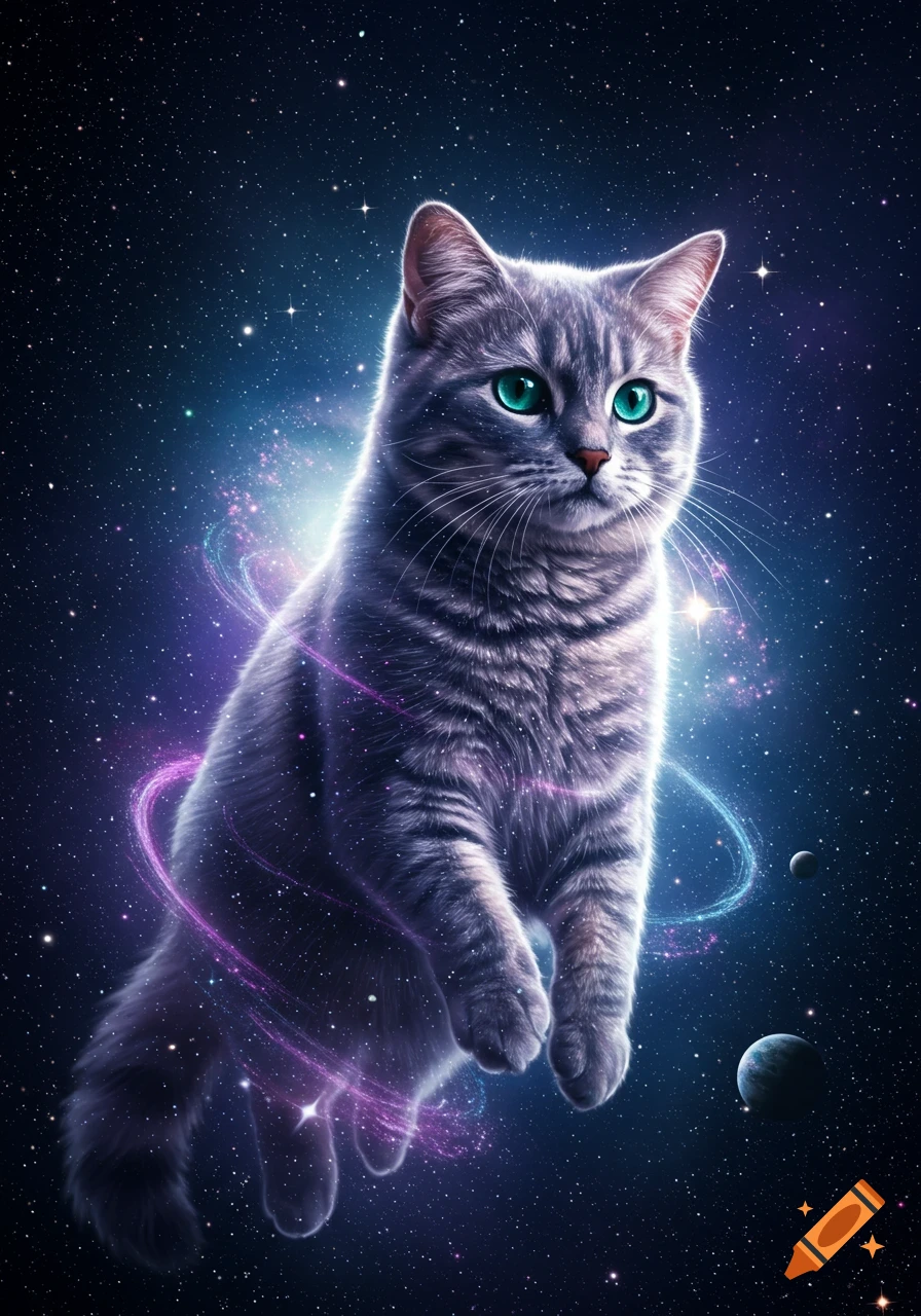 A hyperrealistic gray tabby cat with bright green eyes floats in a star-filled galaxy with purple and blue nebulae and distant planets.
