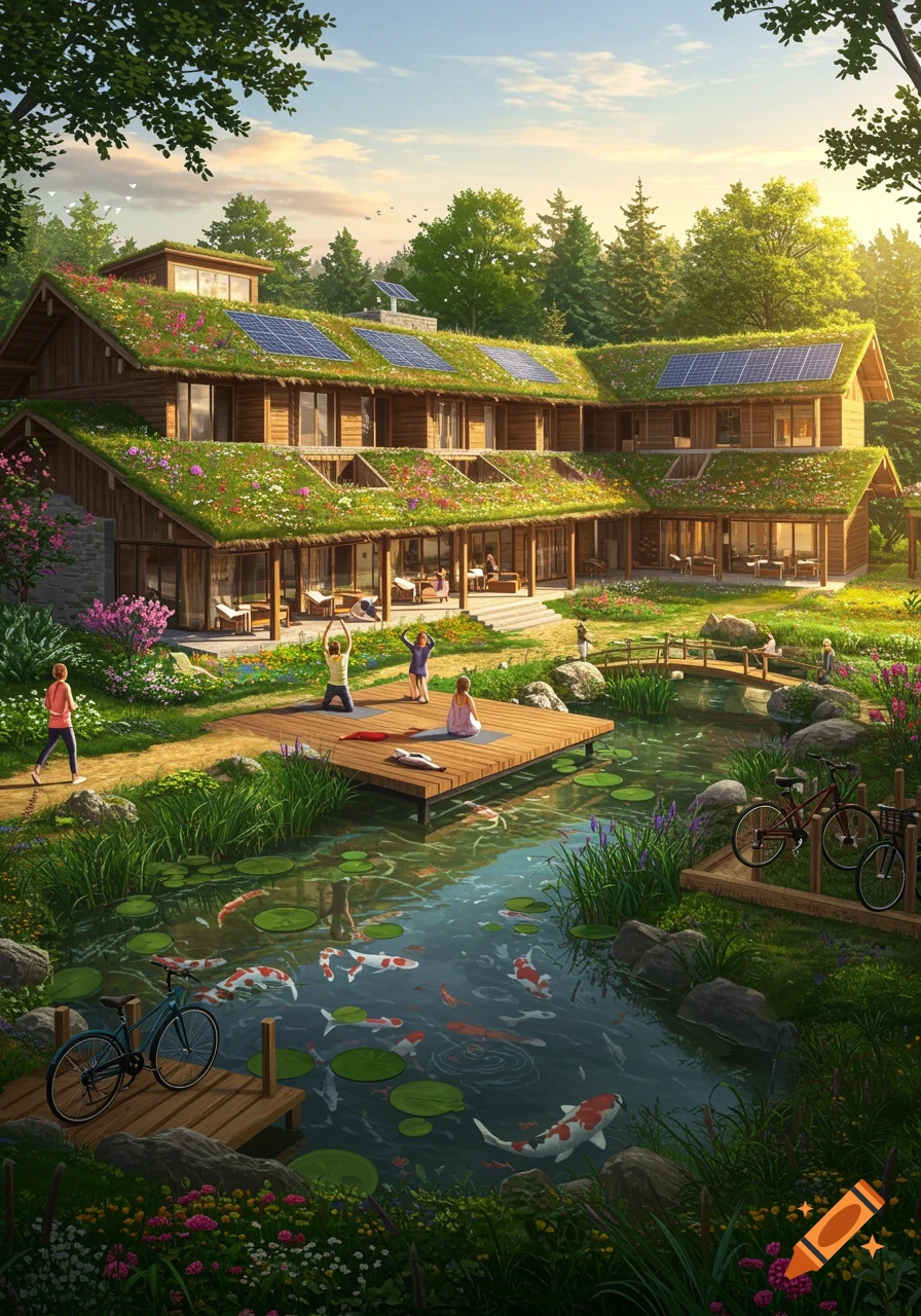 A large sustainable resort with green roofs and solar panels, set in a lush landscape with a pond, people doing yoga on a deck, and bicycles.