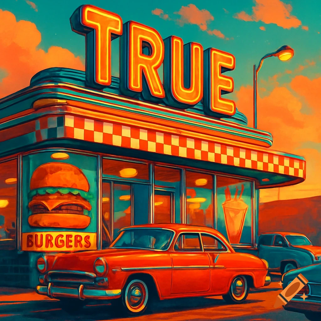 A vibrant, stylized illustration of a retro 70s burger joint named 'TRUE' with classic cars parked outside under an orange sky.