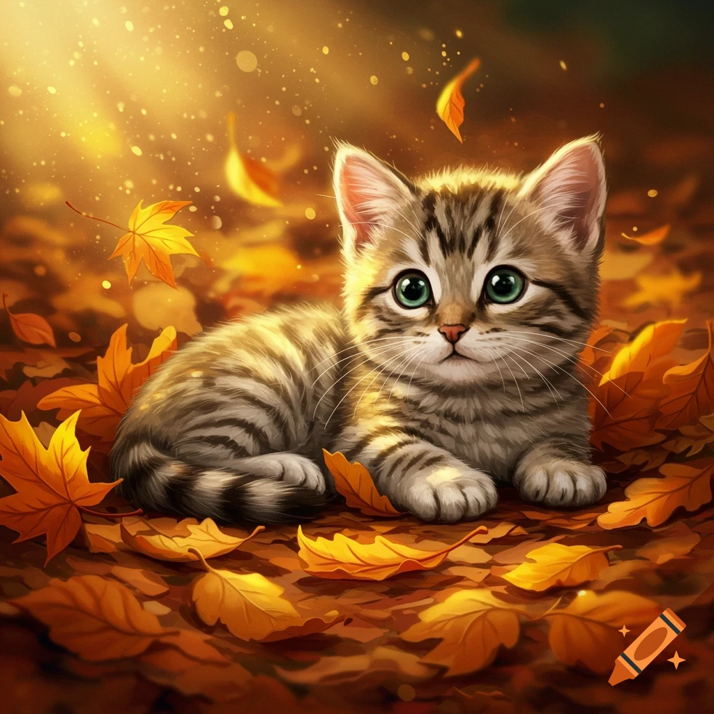 A cute tabby kitten with bright green eyes lies among fallen orange and yellow autumn leaves, bathed in warm golden light.