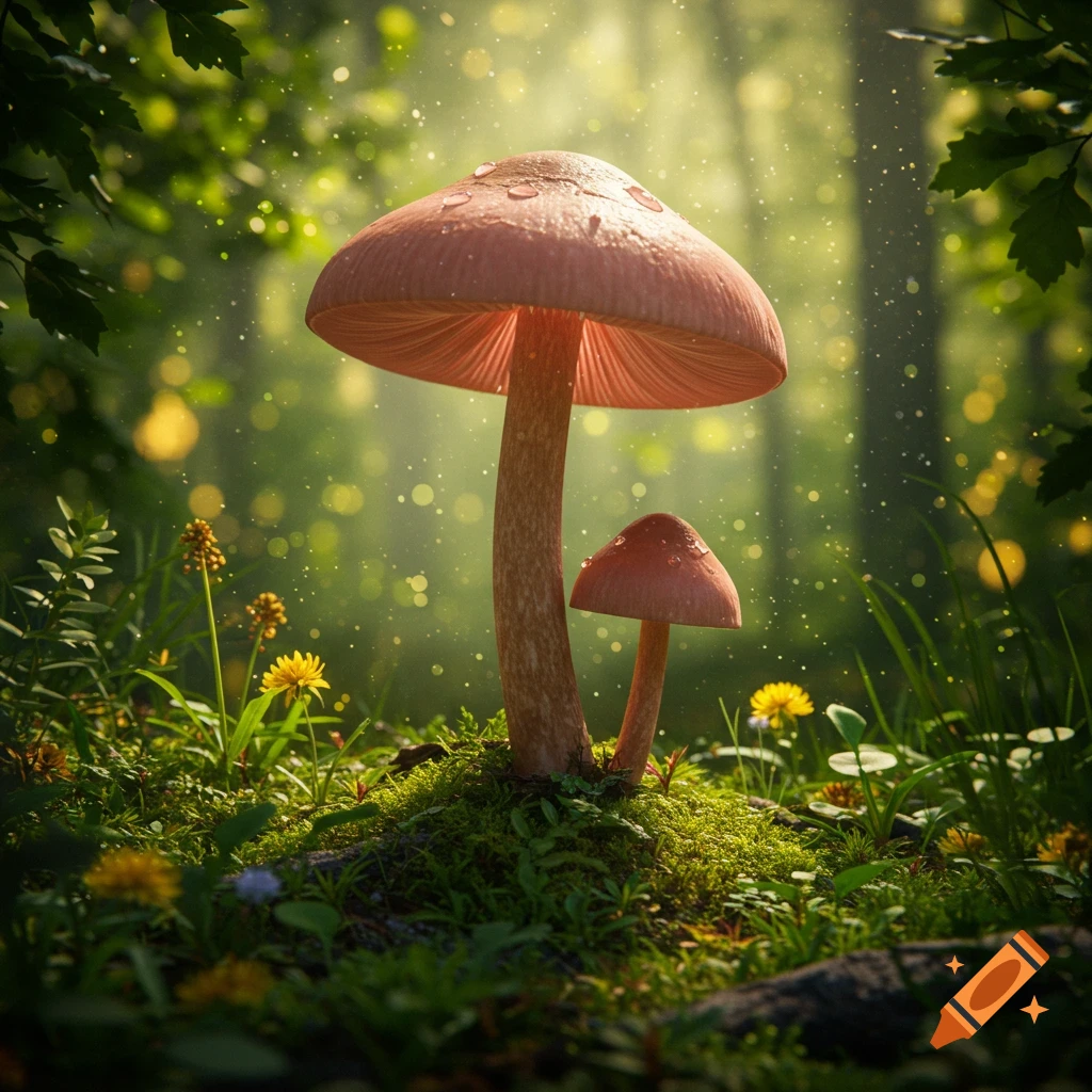 A large and small mushroom with water droplets on a mossy forest floor, bathed in sunlit misty light.