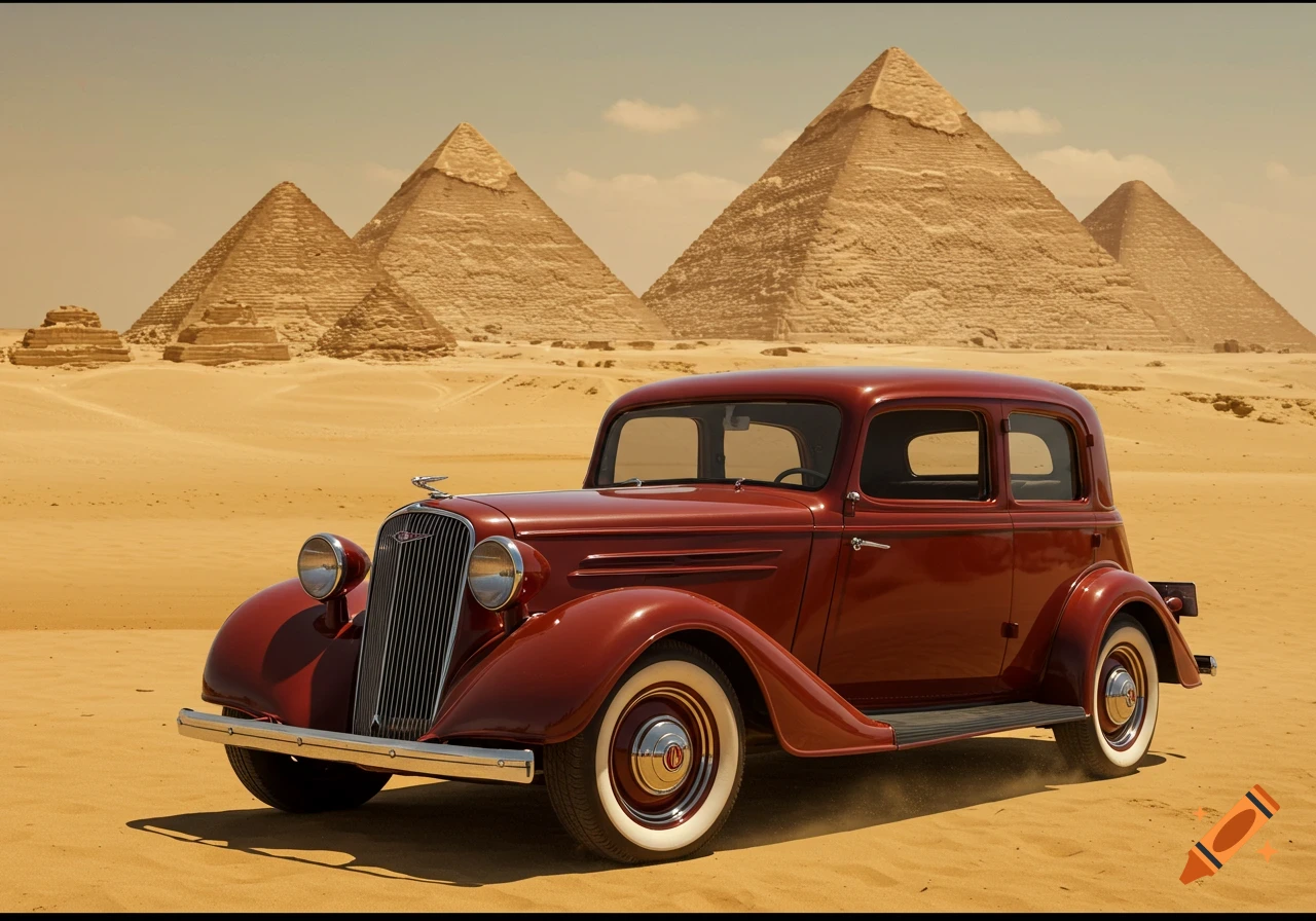 Photorealistic image of a vintage red sedan parked in a sandy desert, with the Giza pyramids under a clear sky.