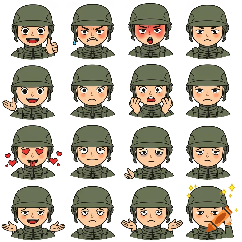A 4x4 grid of cartoon military soldier emojis with various expressions and gestures, on a white background.