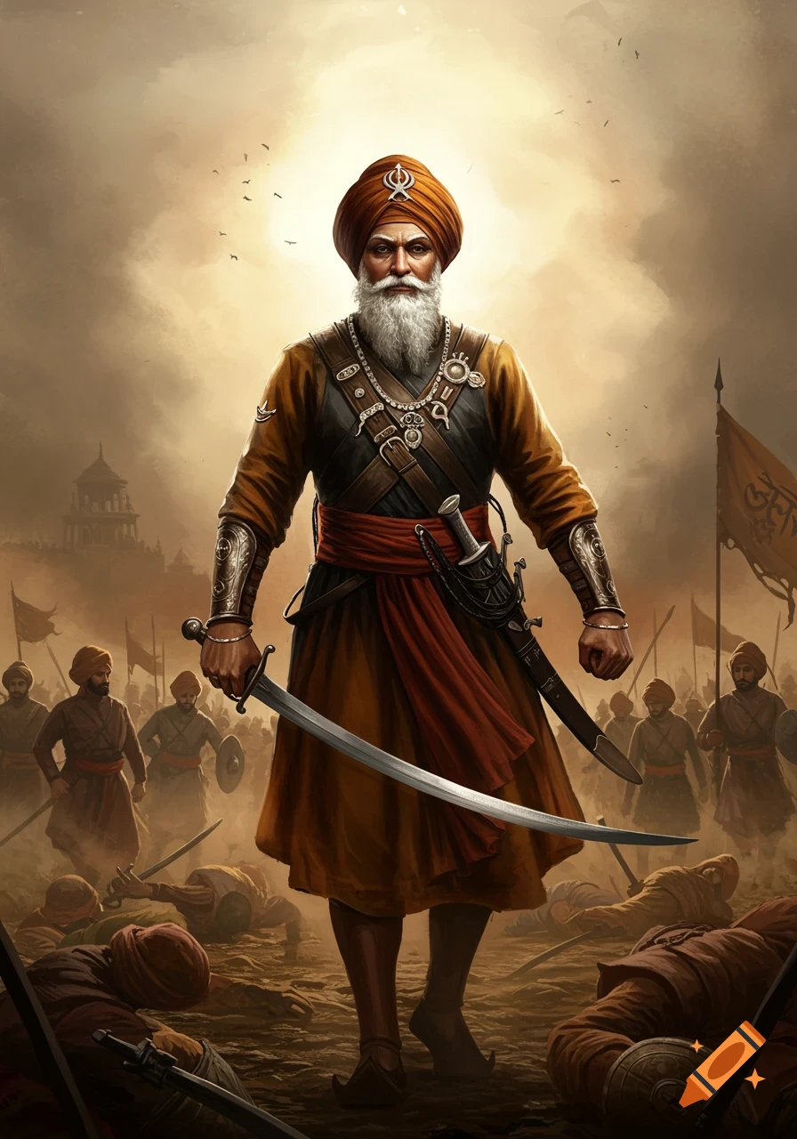 A stylized painting of a bearded Sikh warrior in traditional attire standing on a battlefield with a sword, surrounded by fallen soldiers.