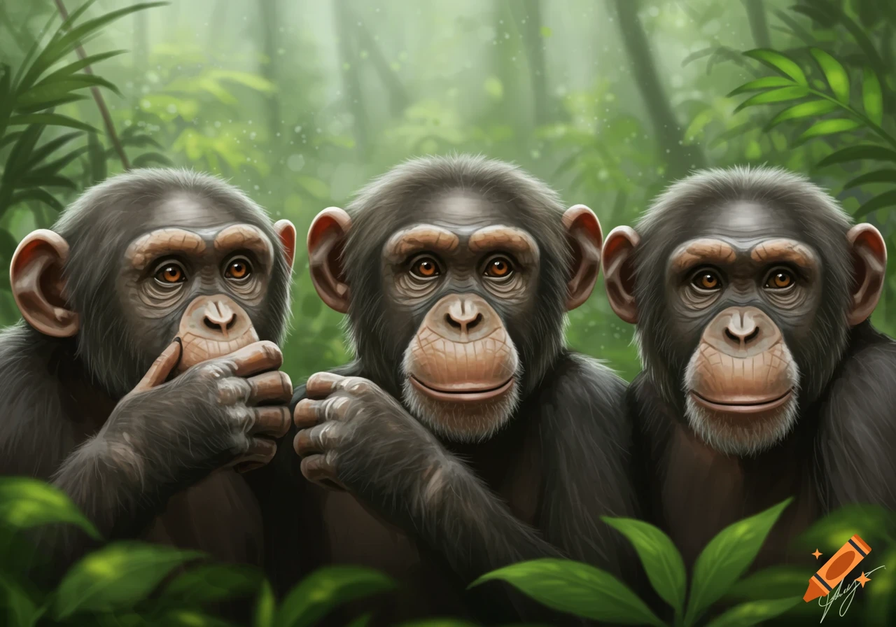 Three chimpanzees in a lush green jungle. One covers its mouth, one smiles, and one has a hand near its ear.