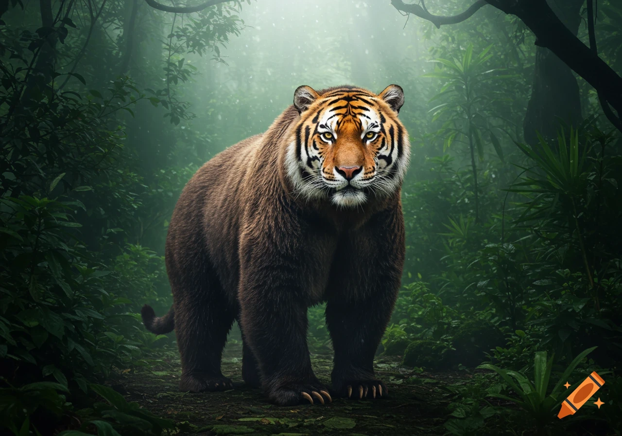 A majestic tiger-bear hybrid stands on a path in a misty, lush jungle.