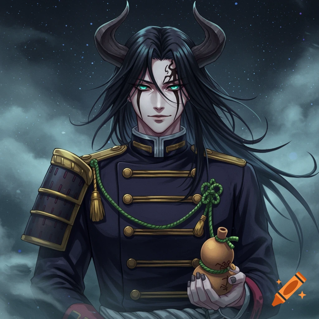 Anime character with black hair, demon horns, and turquoise eyes wearing a dark navy military uniform, holding a gourd in a misty sky.