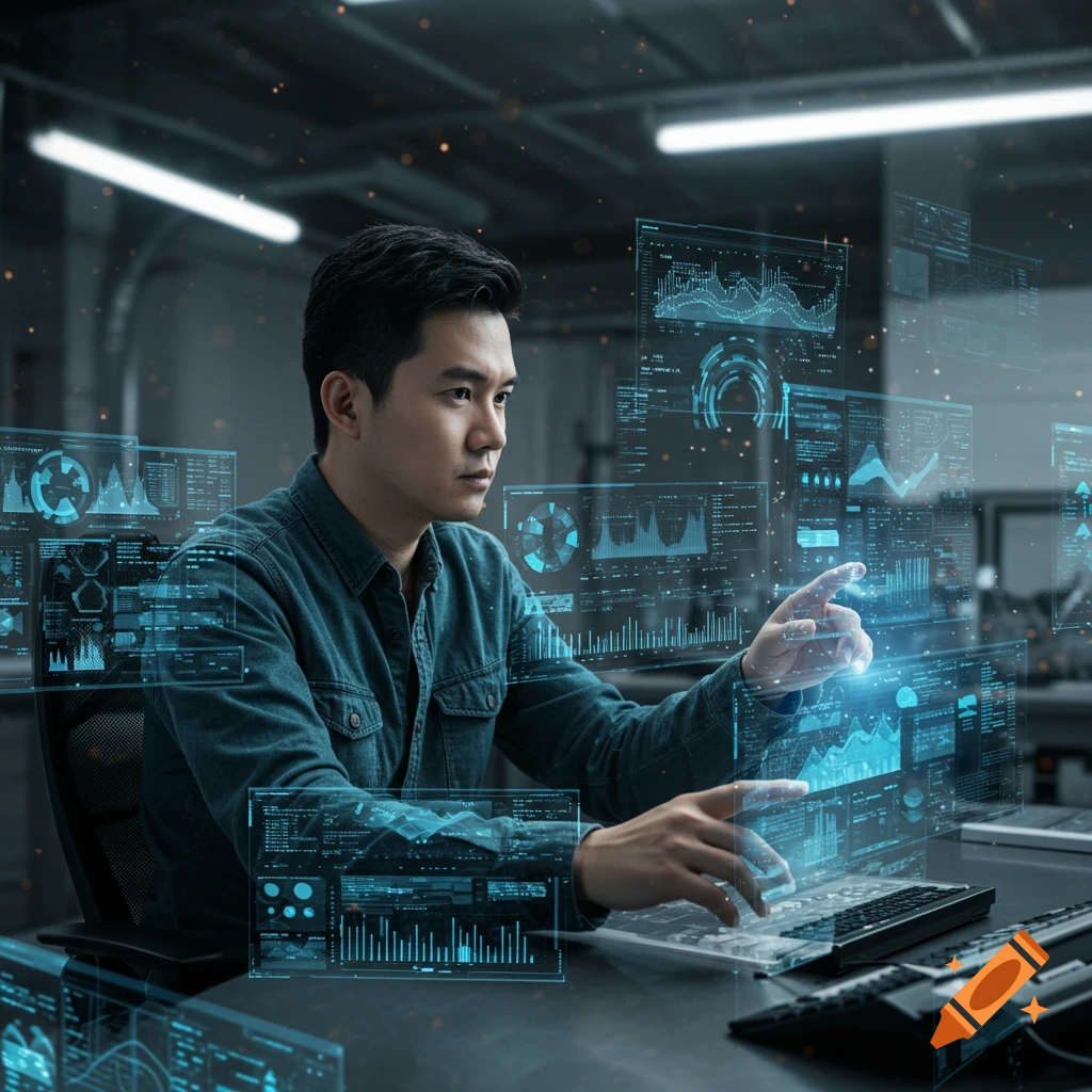 A photorealistic image of an Asian man in a modern office interacting with multiple futuristic holographic data screens.