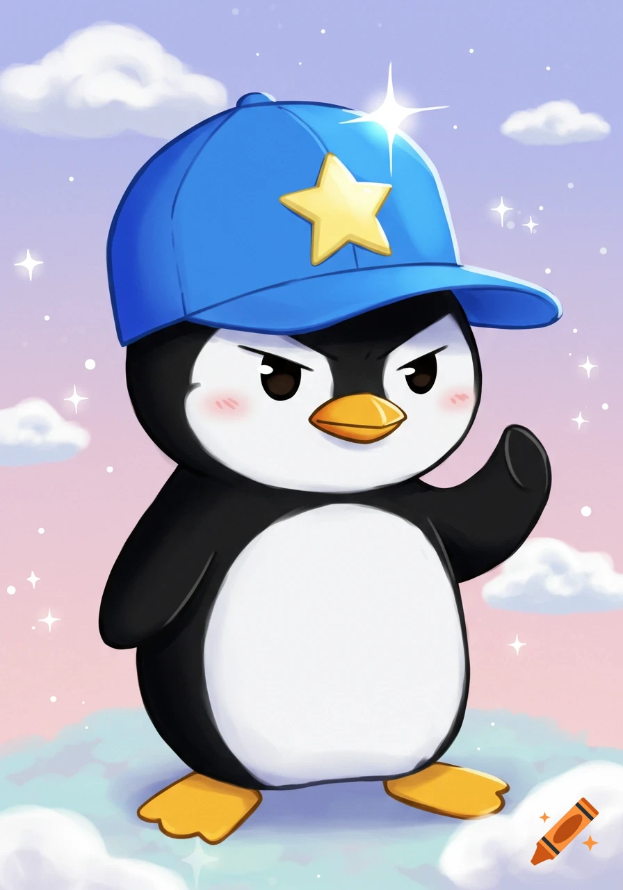 A cute cartoon penguin with an angry expression wearing a blue baseball cap with a yellow star, standing on clouds under a pastel sky.