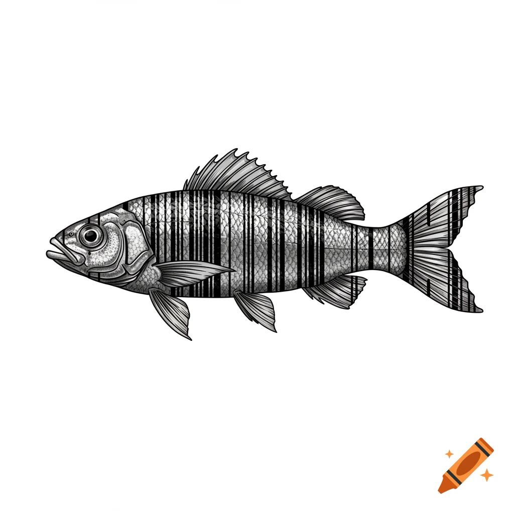 A black and white illustration of a fish with a barcode pattern on its body.