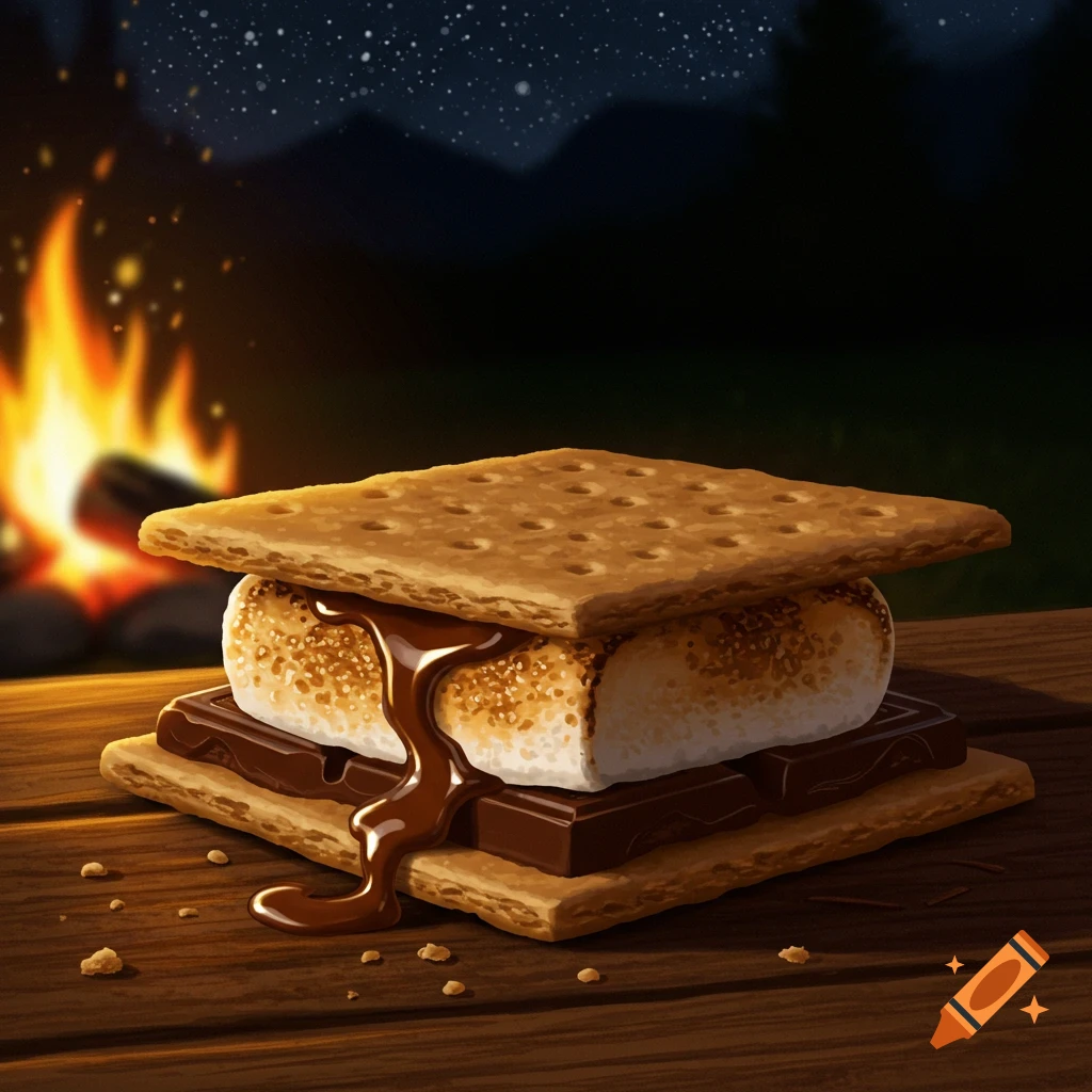 A delicious s'more with gooey chocolate and a toasted marshmallow sits on a wooden table in front of a warm campfire at night under a starry sky.