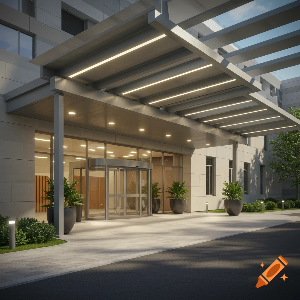 Photorealistic image of a modern hospital entrance with an overhang roof, glass doors, and potted plants.